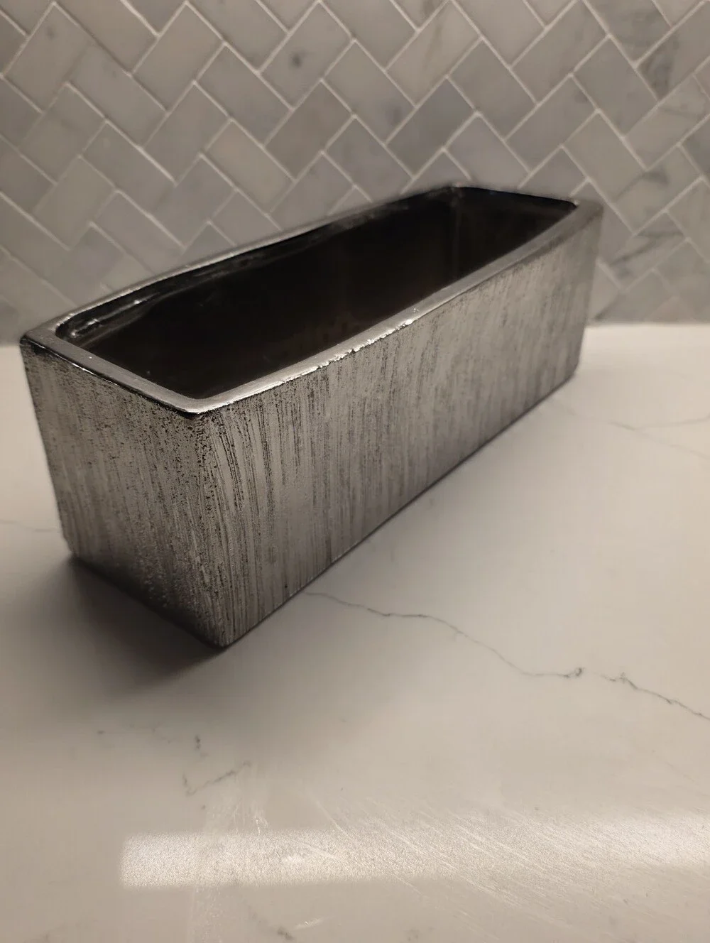 Modern Metallic Silver Ceramic Trough Planter – Textured Rectangular Centerpiece